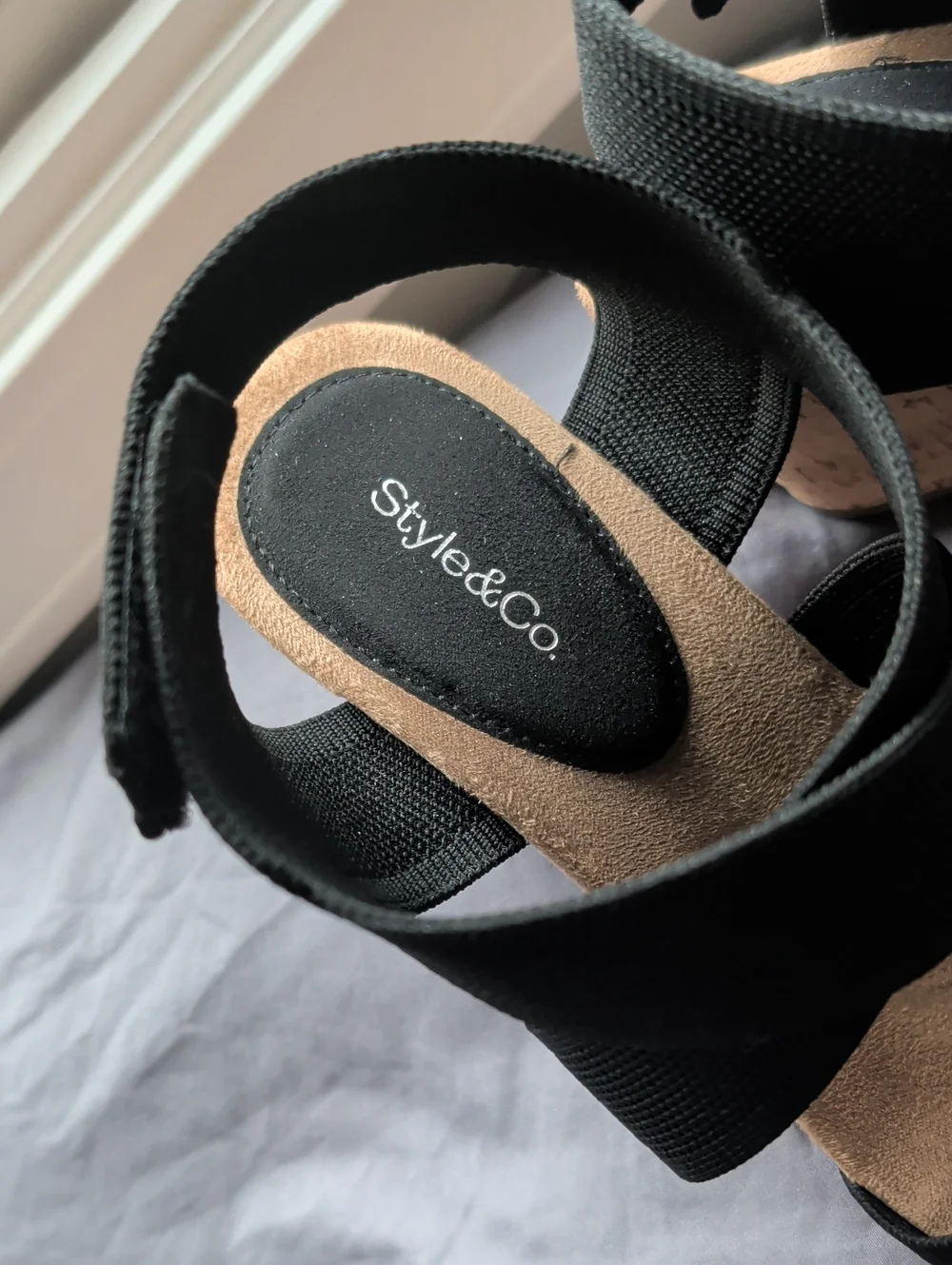 Style & Co. Black Elastic Strap Cork Wedge Sandals